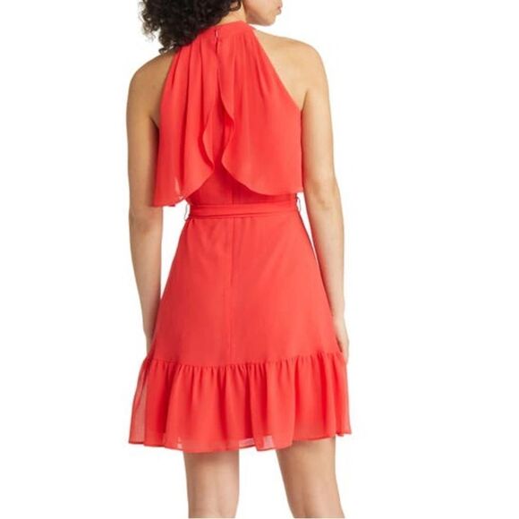 Eliza J Tiered Halter Flounce Hem Popover Dress in Strawberry Red Size 12 - Picture 2 of 6